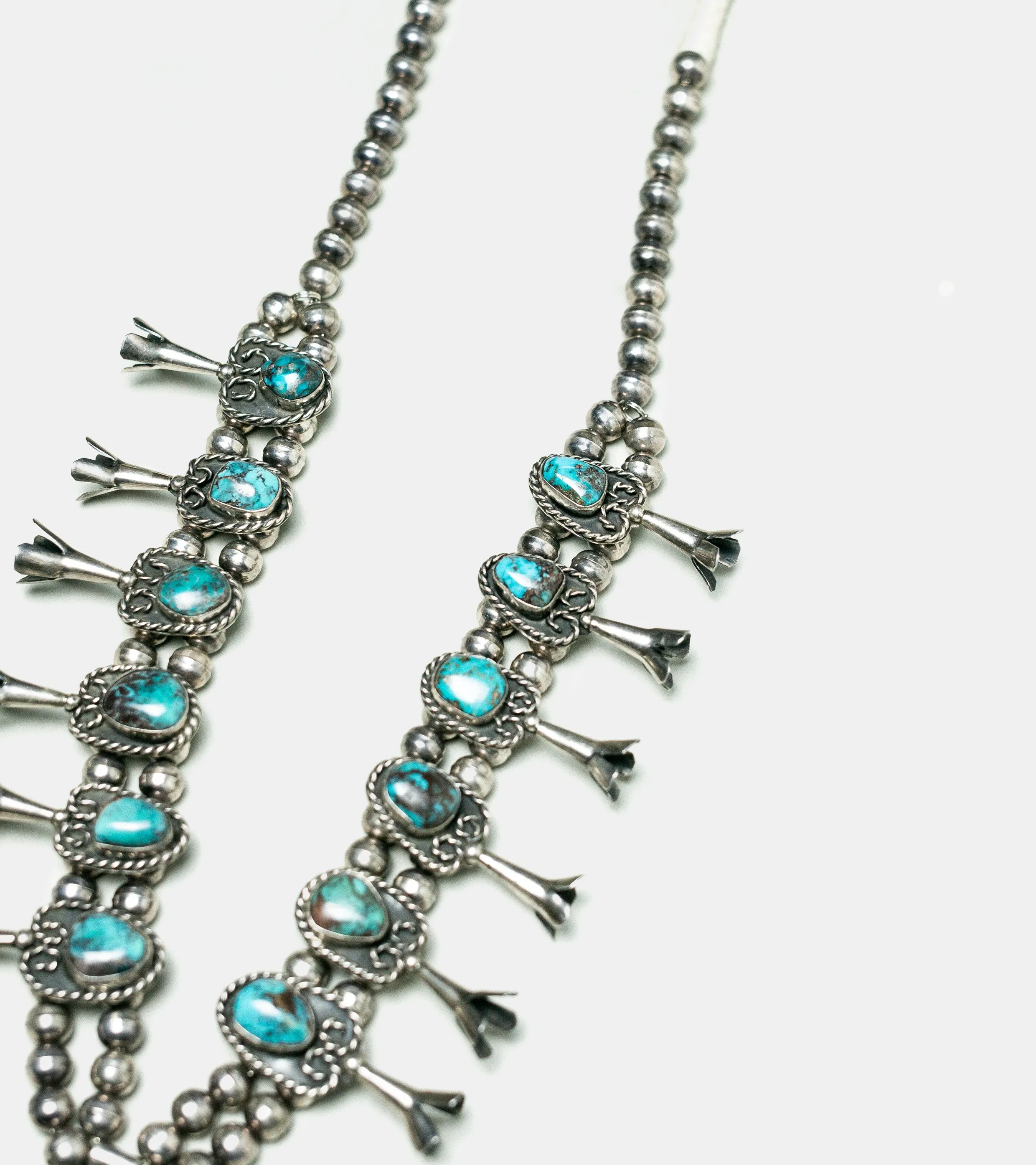 Antique 1920s Navajo Squash Blossom Necklace - Sterling Silver & Turquoise Jewelry Collectible