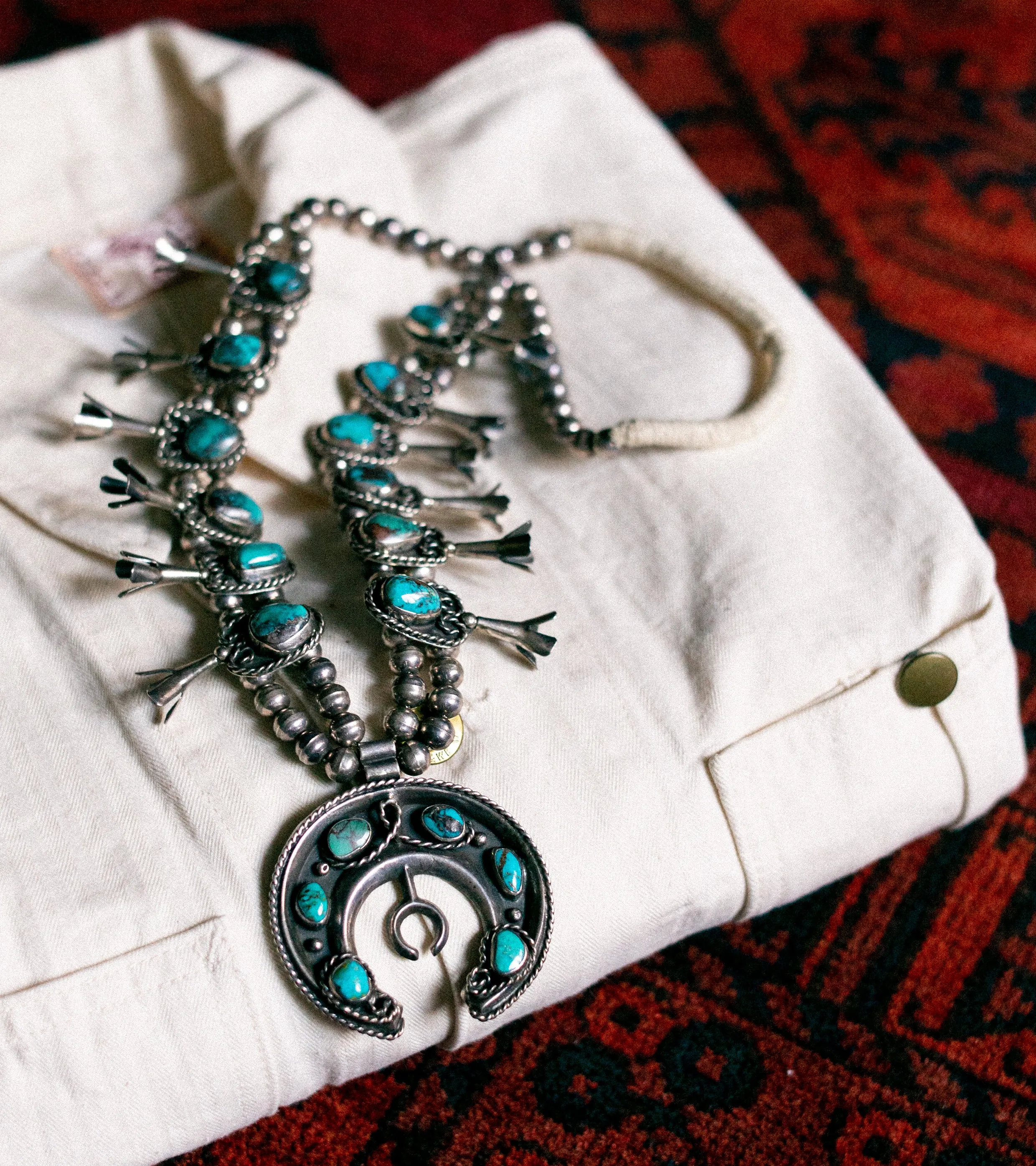 Antique 1920s Navajo Squash Blossom Necklace - Sterling Silver & Turquoise Jewelry Collectible