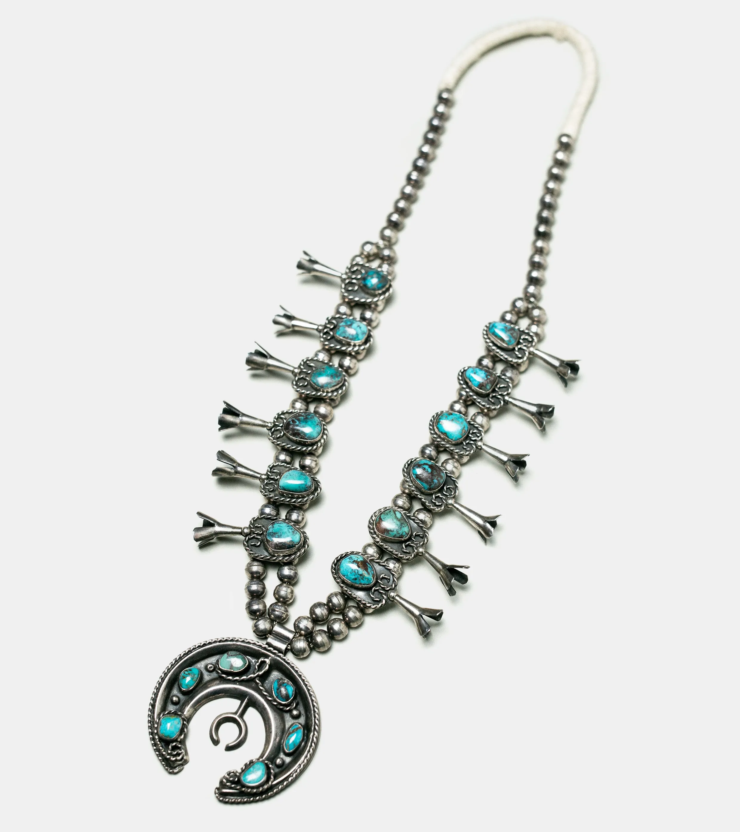 Antique 1920s Navajo Squash Blossom Necklace - Sterling Silver & Turquoise Jewelry Collectible