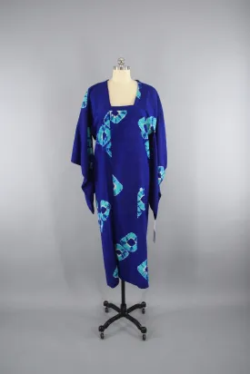 1930s Vintage Silk Kimono Coat Michiyuki in Royal Blue & Aqua Shibori Tie Dyed