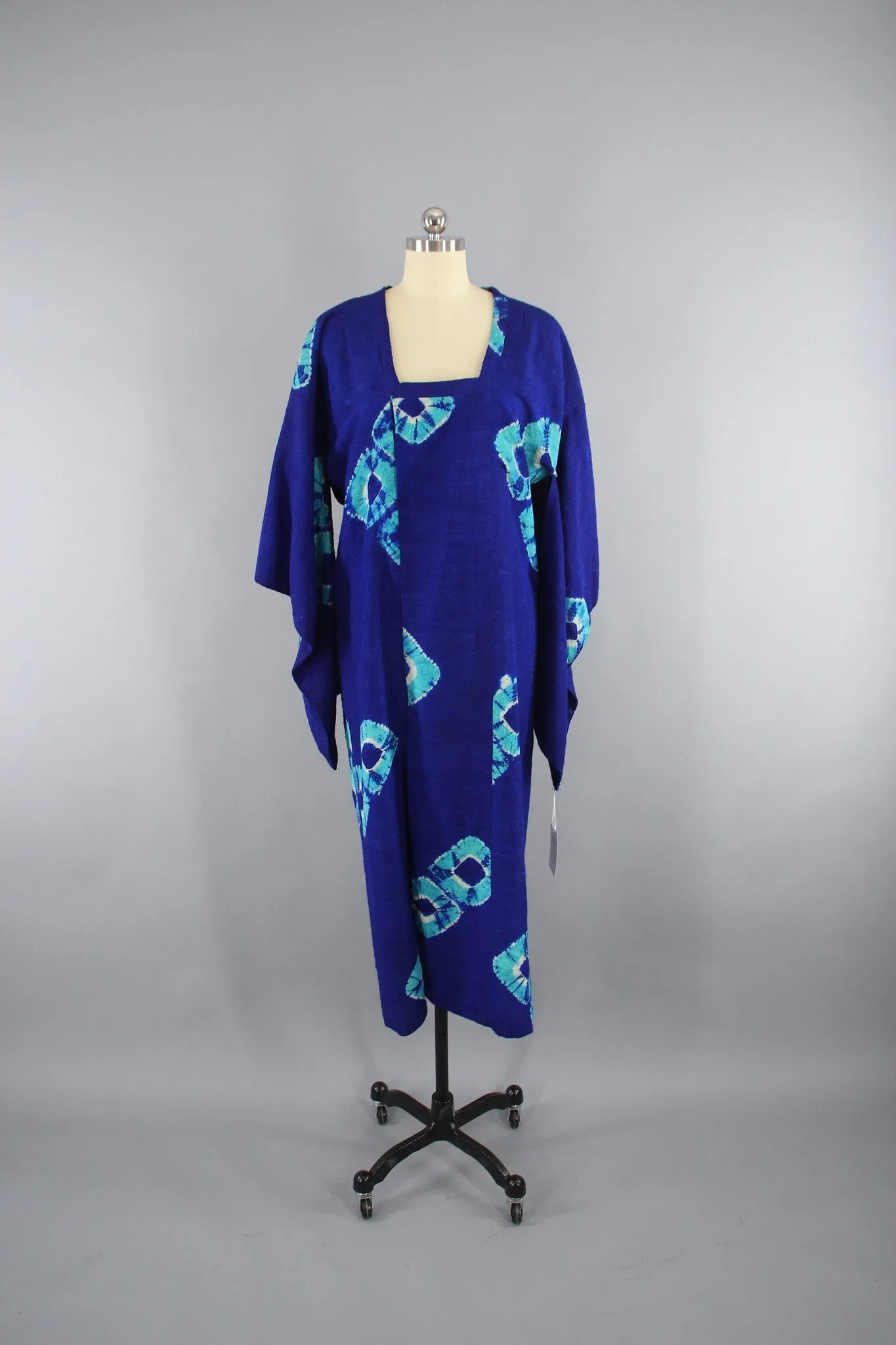 1930s Vintage Silk Kimono Coat Michiyuki in Royal Blue & Aqua Shibori Tie Dyed