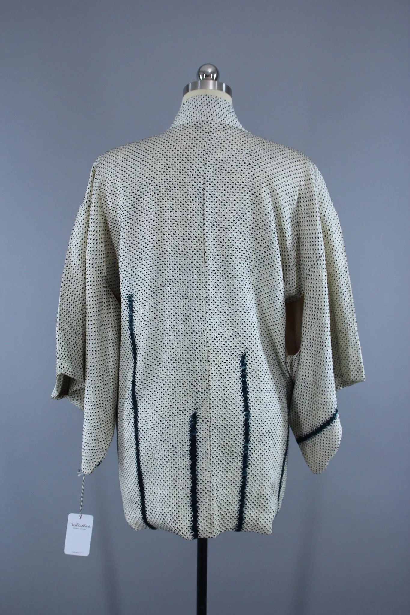 1950s Vintage Silk Haori Kimono Jacket Cardigan / White & Blue Shibori Dyed