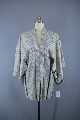 1950s Vintage Silk Haori Kimono Jacket Cardigan / White & Blue Shibori Dyed