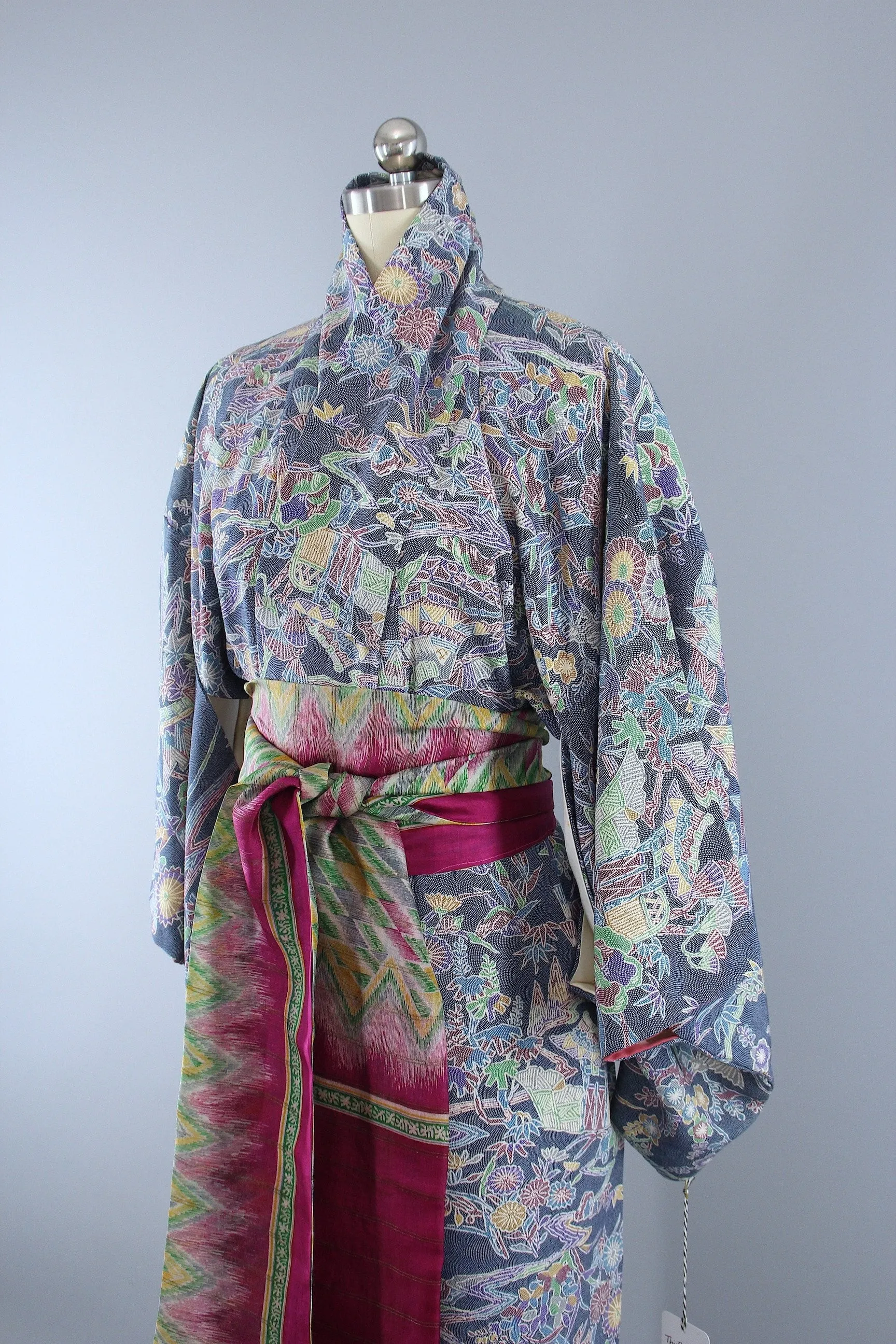 1960s Vintage Silk Kimono Robe / Denim Blue Dotted Novelty Print