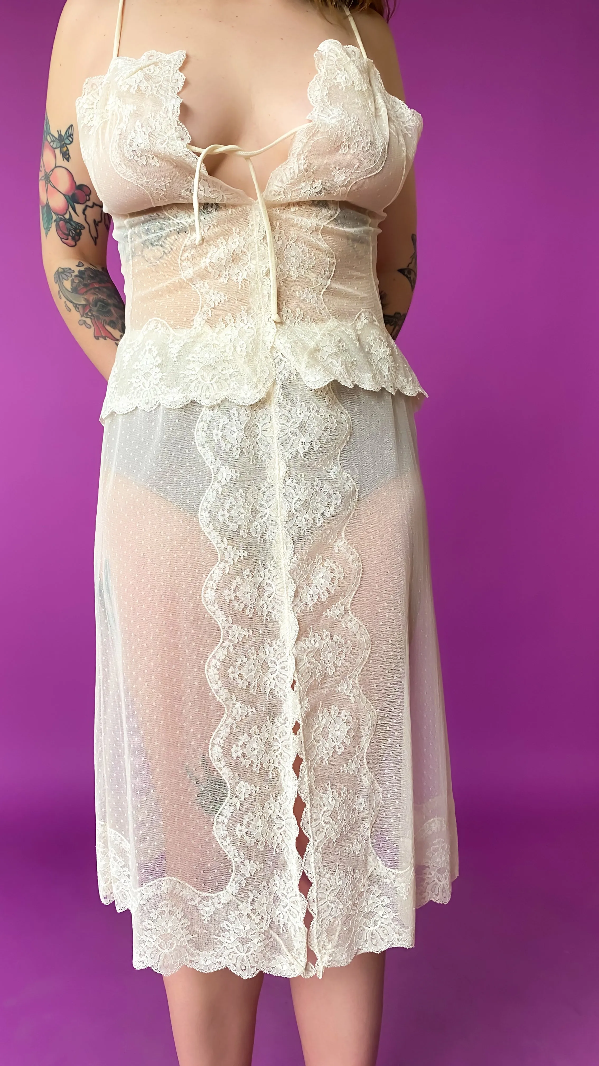 1970s Sheer Ivory Polka Dot Lace Slip Skirt, sz. S