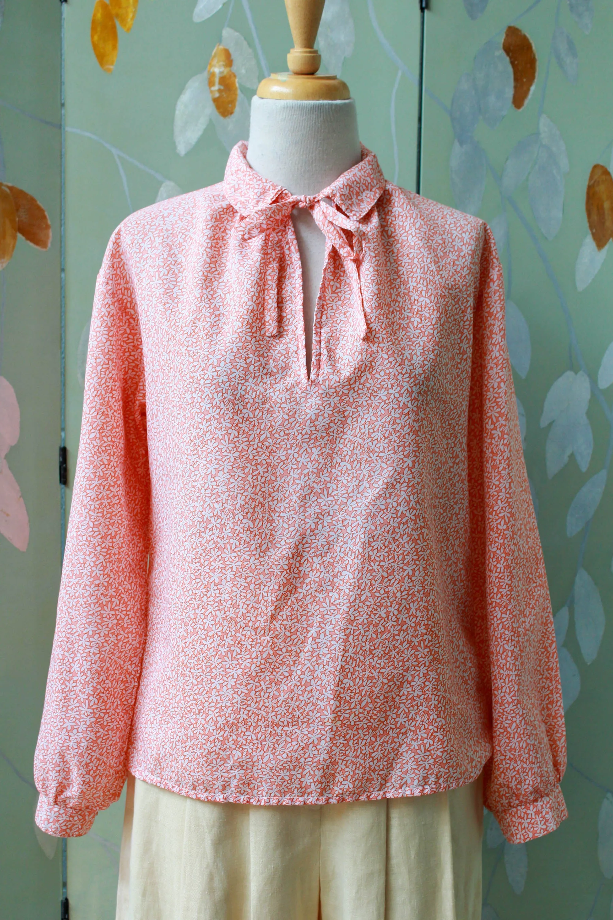 1980s Orange Floral Print Blouse, Medium