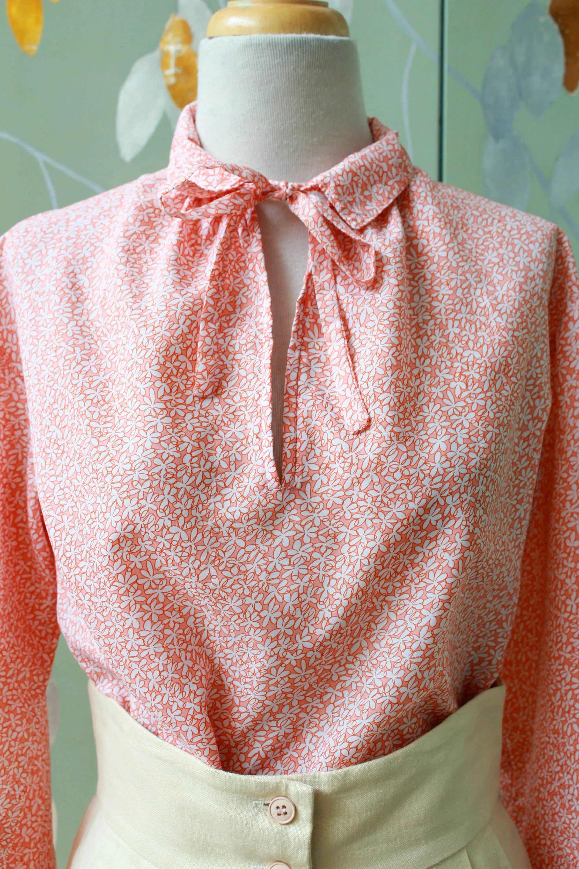 1980s Orange Floral Print Blouse, Medium