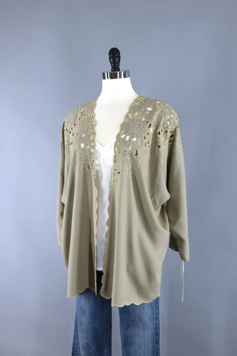 1980s Vintage Kimono Cardigan / Tan Bali Style Cutwork