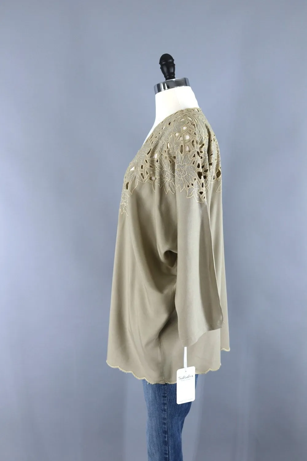 1980s Vintage Kimono Cardigan / Tan Bali Style Cutwork