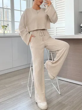 2Pcs Crop Top Wide Leg Pant Set