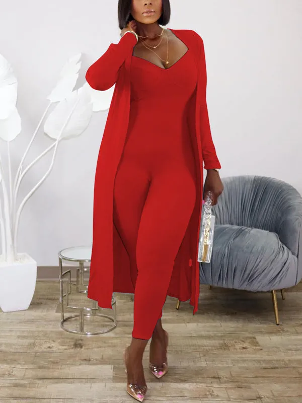 2Pcs Solid Color Jumpsuit & Cardigan