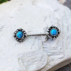 316L Stainless Steel Vintage Charm Nipple Bar with Turquoise Stone