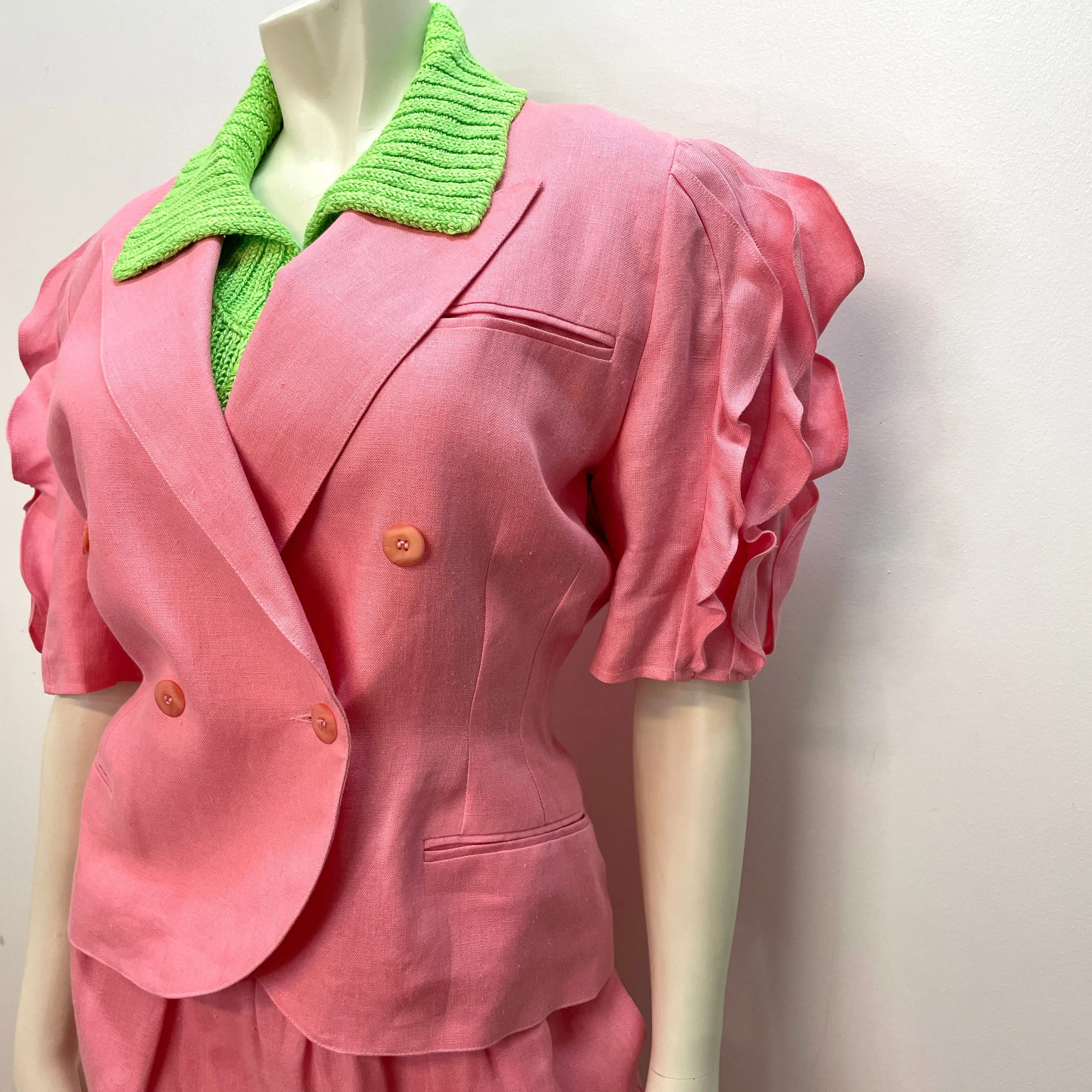 80s Lolita Lempicka Vintage Designer Bubblegum Pink Linen Suit Made in France Size Small