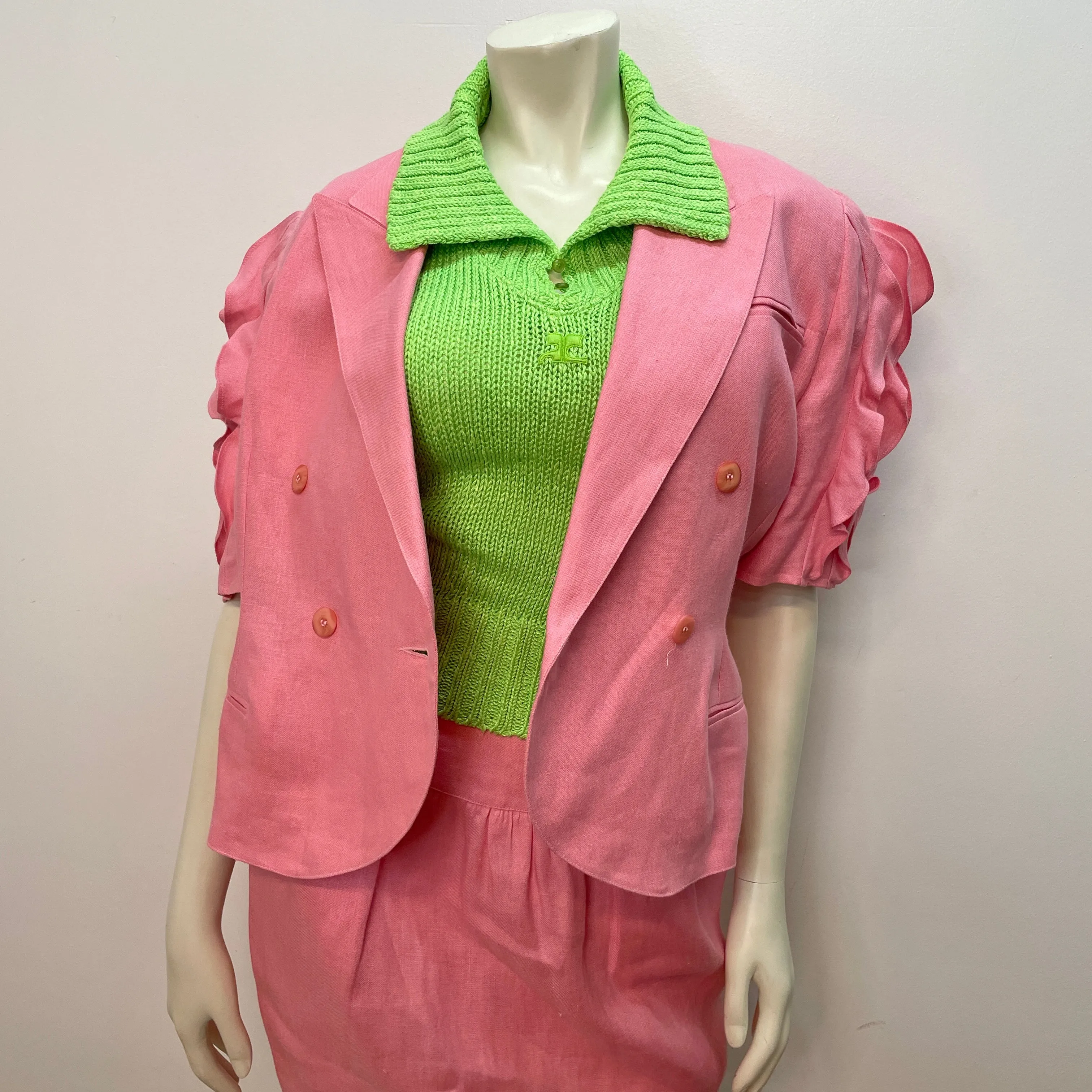 80s Lolita Lempicka Vintage Designer Bubblegum Pink Linen Suit Made in France Size Small