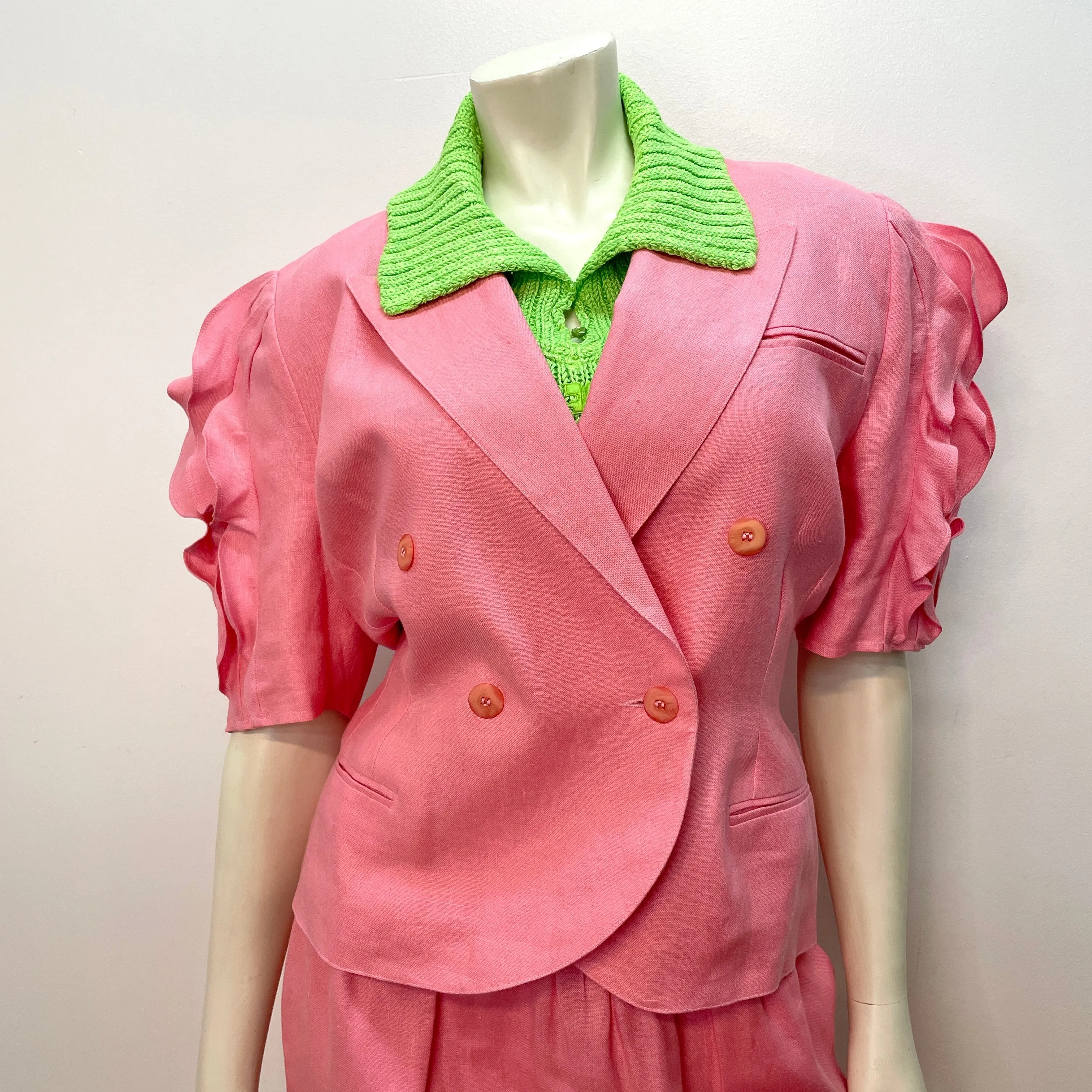 80s Lolita Lempicka Vintage Designer Bubblegum Pink Linen Suit Made in France Size Small