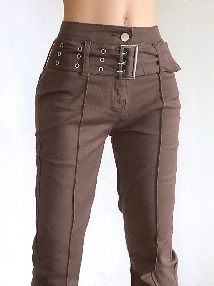 Amy Fashion - Brown Vintage Flared Hight Waist Jeans