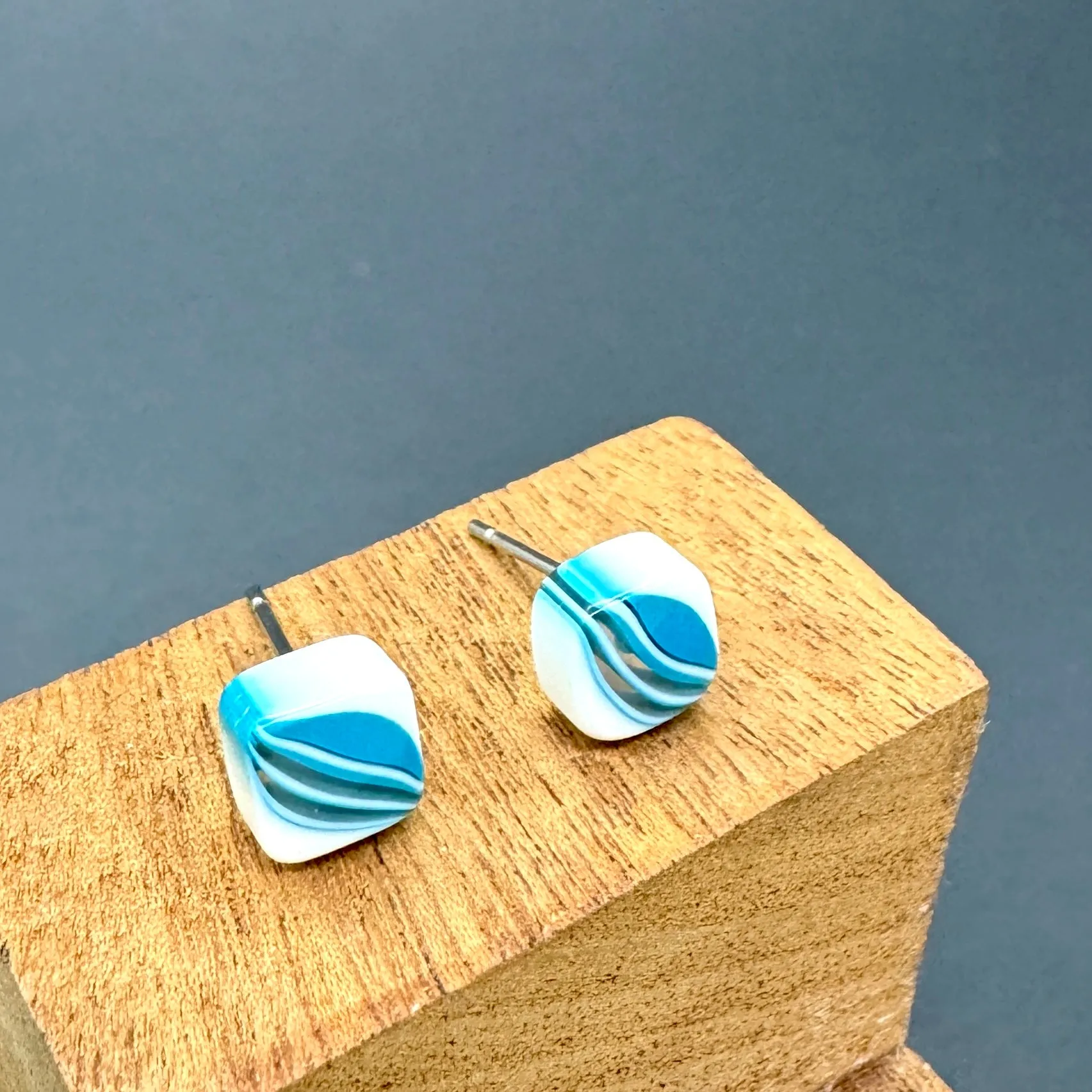 Aqua Blue & White Striped Square Cane Slice Stud Earrings