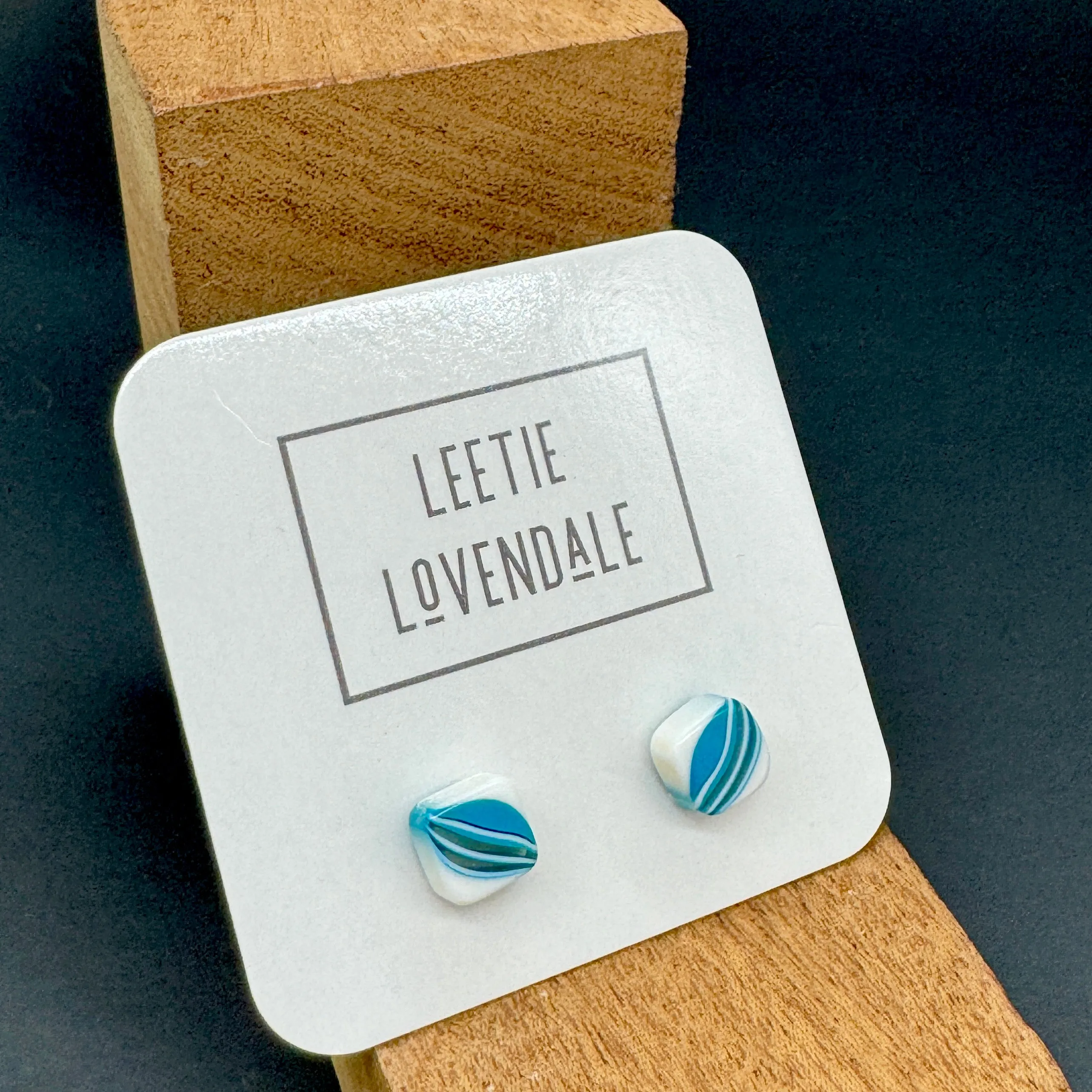 Aqua Blue & White Striped Square Cane Slice Stud Earrings