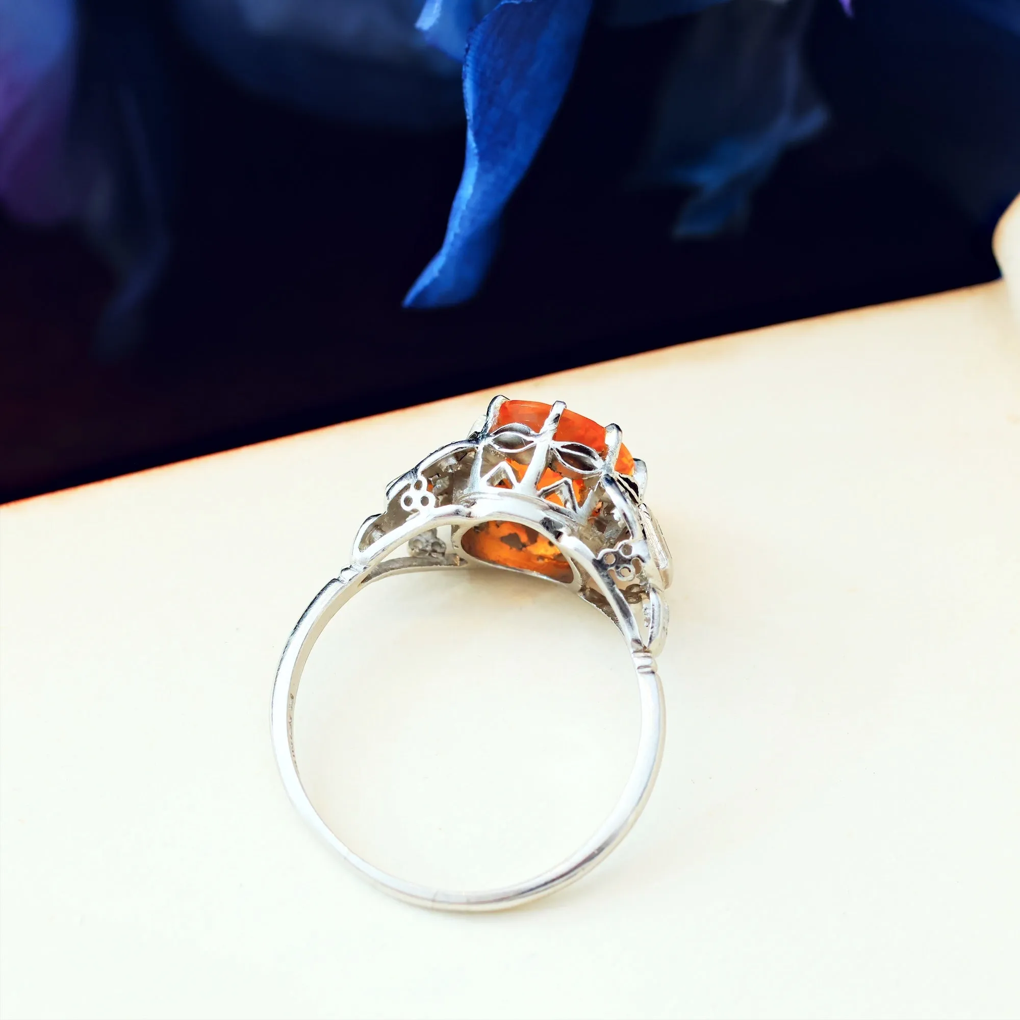 Art Deco Fire Opal & Diamond Cocktail Ring