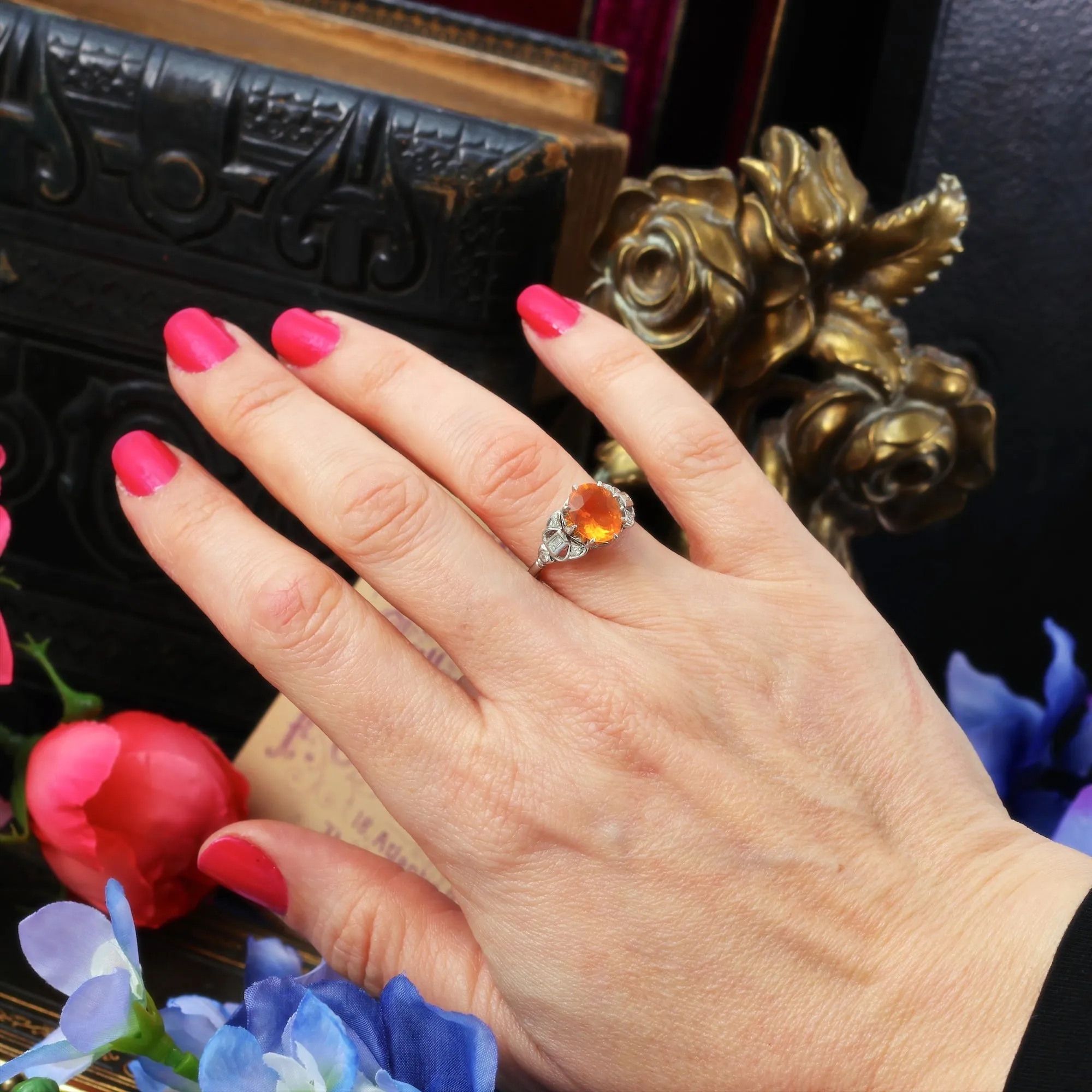 Art Deco Fire Opal & Diamond Cocktail Ring