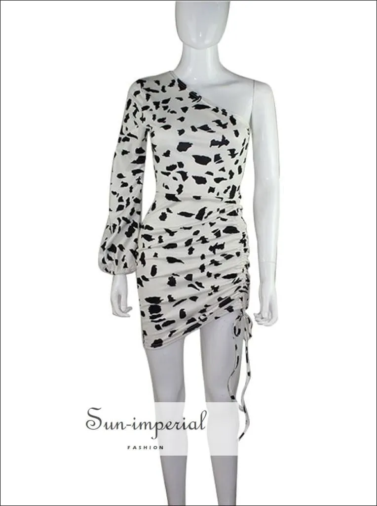 Asymmetrical Black White Polka Dot Dress One Shoulder Short Sleeve Ruffle Summer Ruched Mini Dress