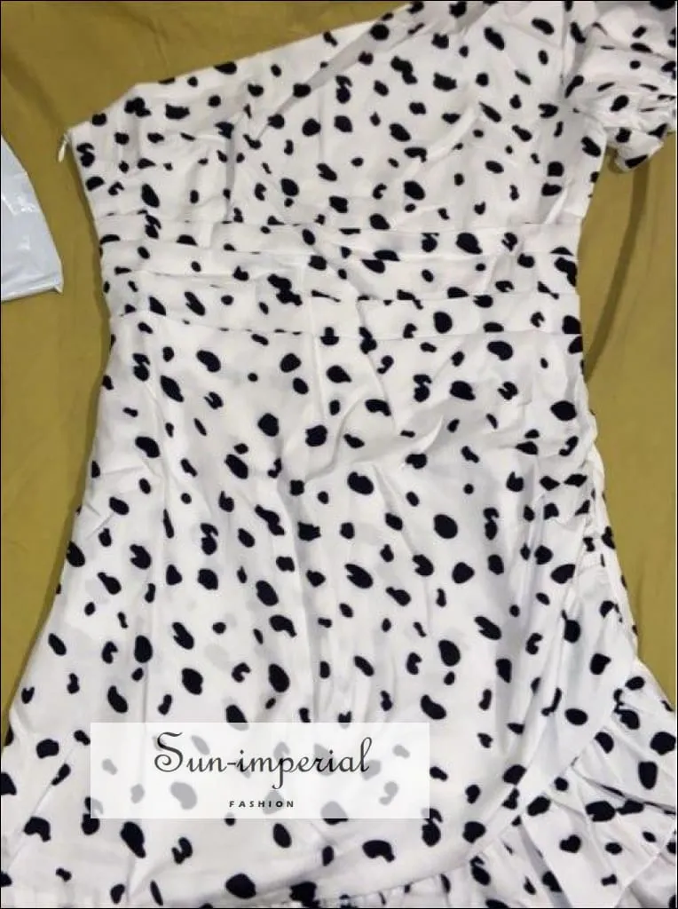 Asymmetrical Black White Polka Dot Dress One Shoulder Short Sleeve Ruffle Summer Ruched Mini Dress