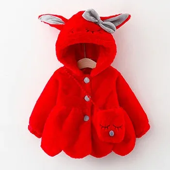 Baby Coat, Cute Rabbit Ears Plush Baby Jacket, Sweet Princess Girls Coat, Autumn Winter Warm Hooded Outerwear, Toddler Jacket