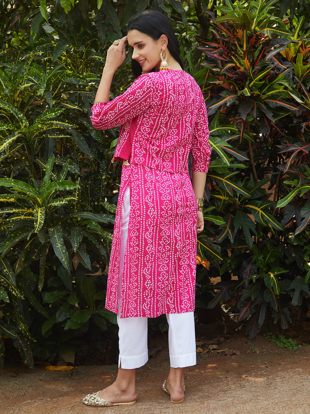 Bandhani Printed Kurta & Embroidered Jacket with Solid Ankle Pant - Pink