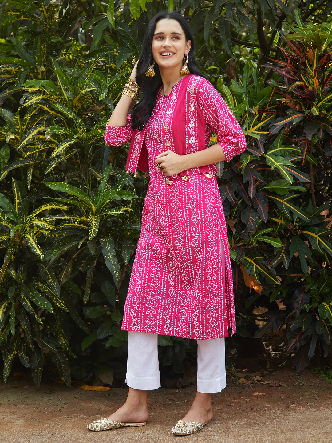 Bandhani Printed Kurta & Embroidered Jacket with Solid Ankle Pant - Pink