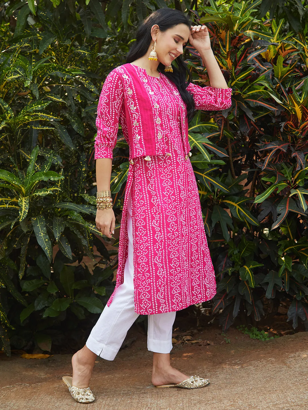 Bandhani Printed Kurta & Embroidered Jacket with Solid Ankle Pant - Pink