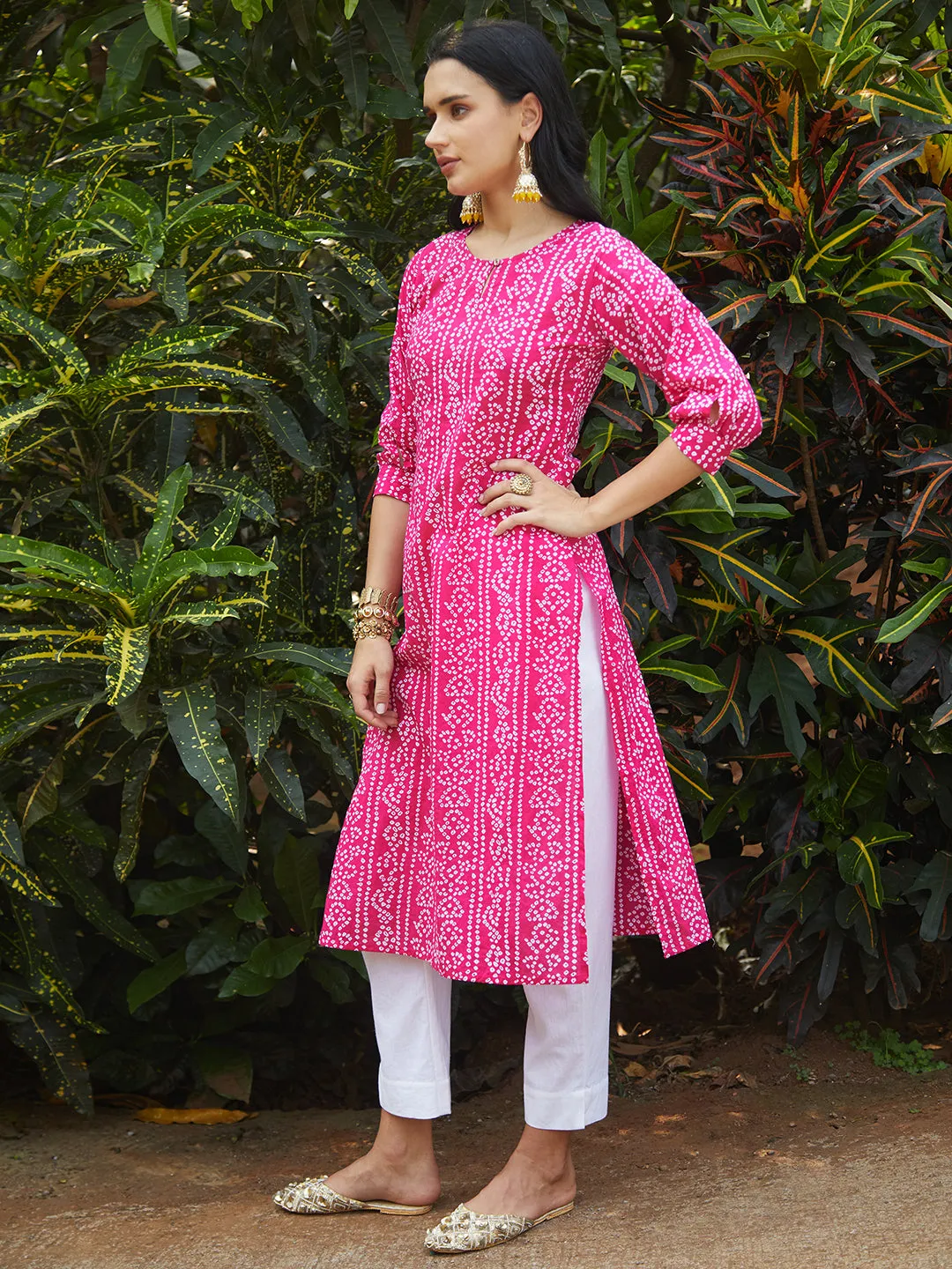 Bandhani Printed Kurta & Embroidered Jacket with Solid Ankle Pant - Pink