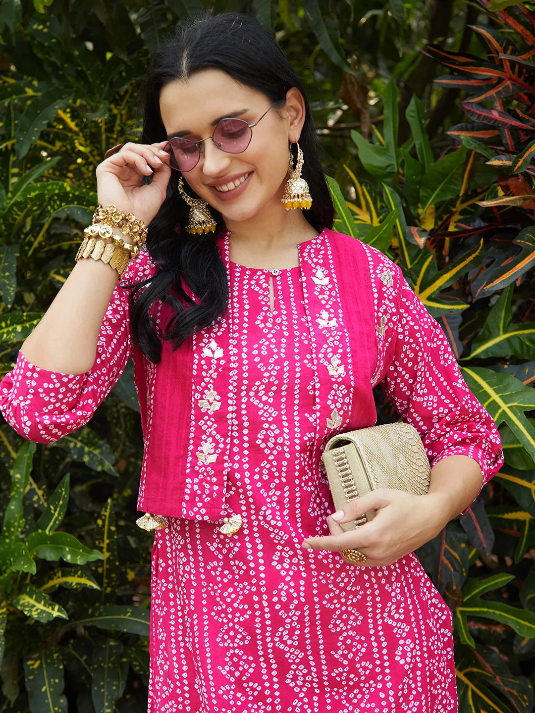 Bandhani Printed Kurta & Embroidered Jacket with Solid Ankle Pant - Pink