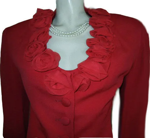 *BEAUTIFUL PERRY WHITE CHIFFON TIERED SKORT SUIT ADORNED WITH CHIFFON ROSES IN RED HOT RED