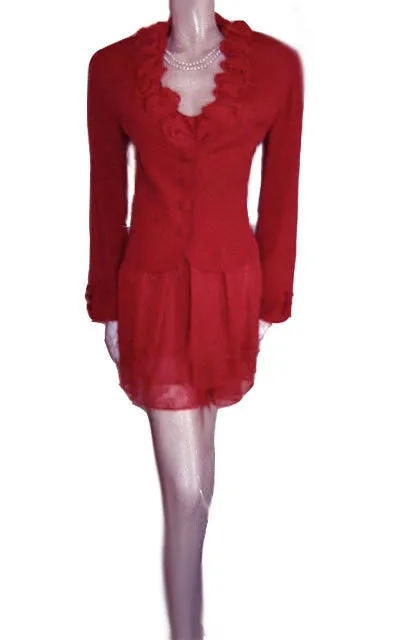 *BEAUTIFUL PERRY WHITE CHIFFON TIERED SKORT SUIT ADORNED WITH CHIFFON ROSES IN RED HOT RED