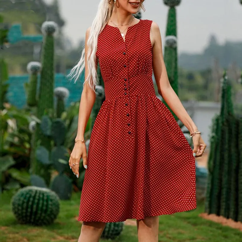 BerriesJam - 2024 Polka Dot Single Breasted V Neck Sleeveless Dress