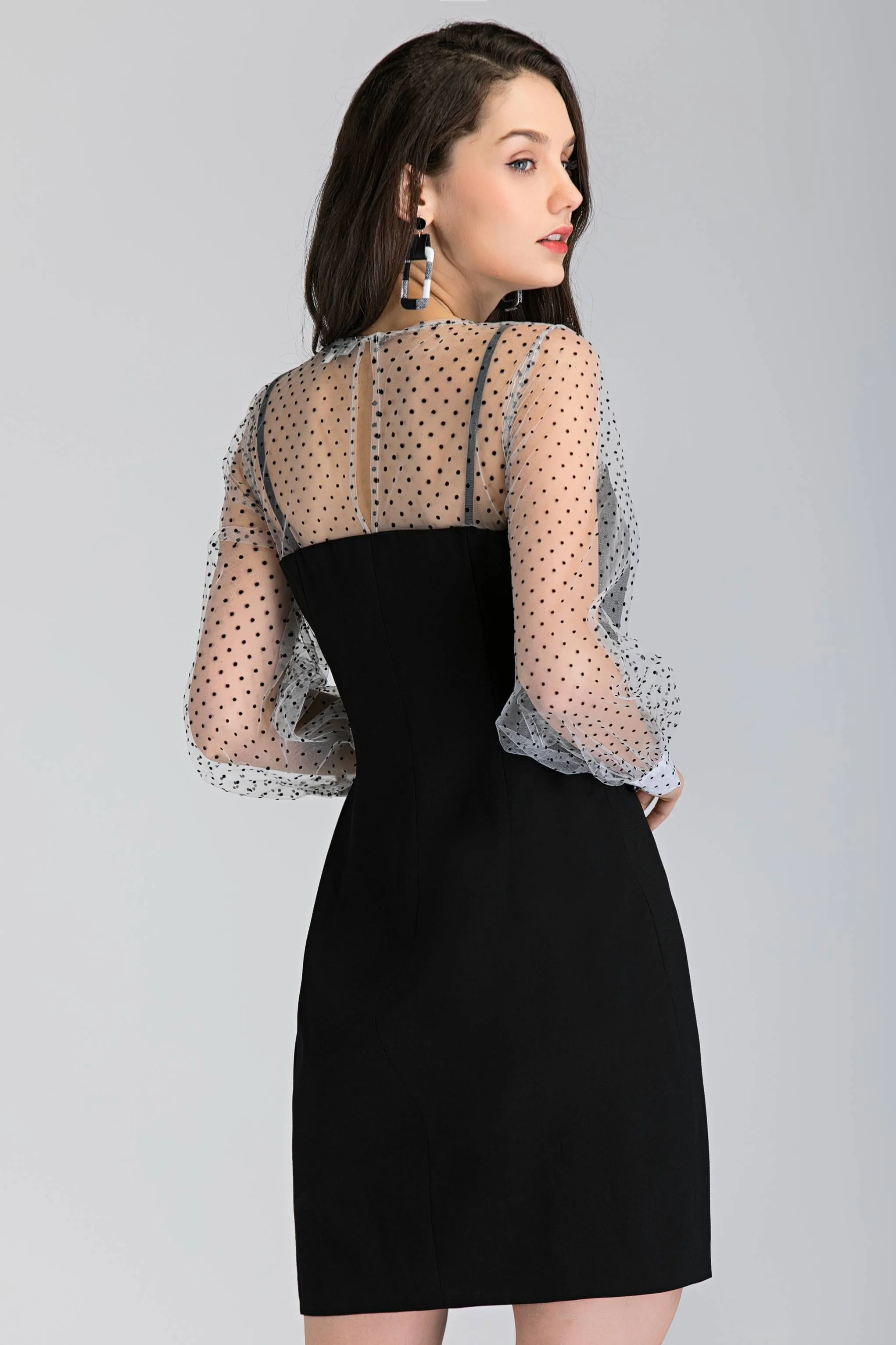 Black and White Sheer Polka Dot Sleeved Midi Dress