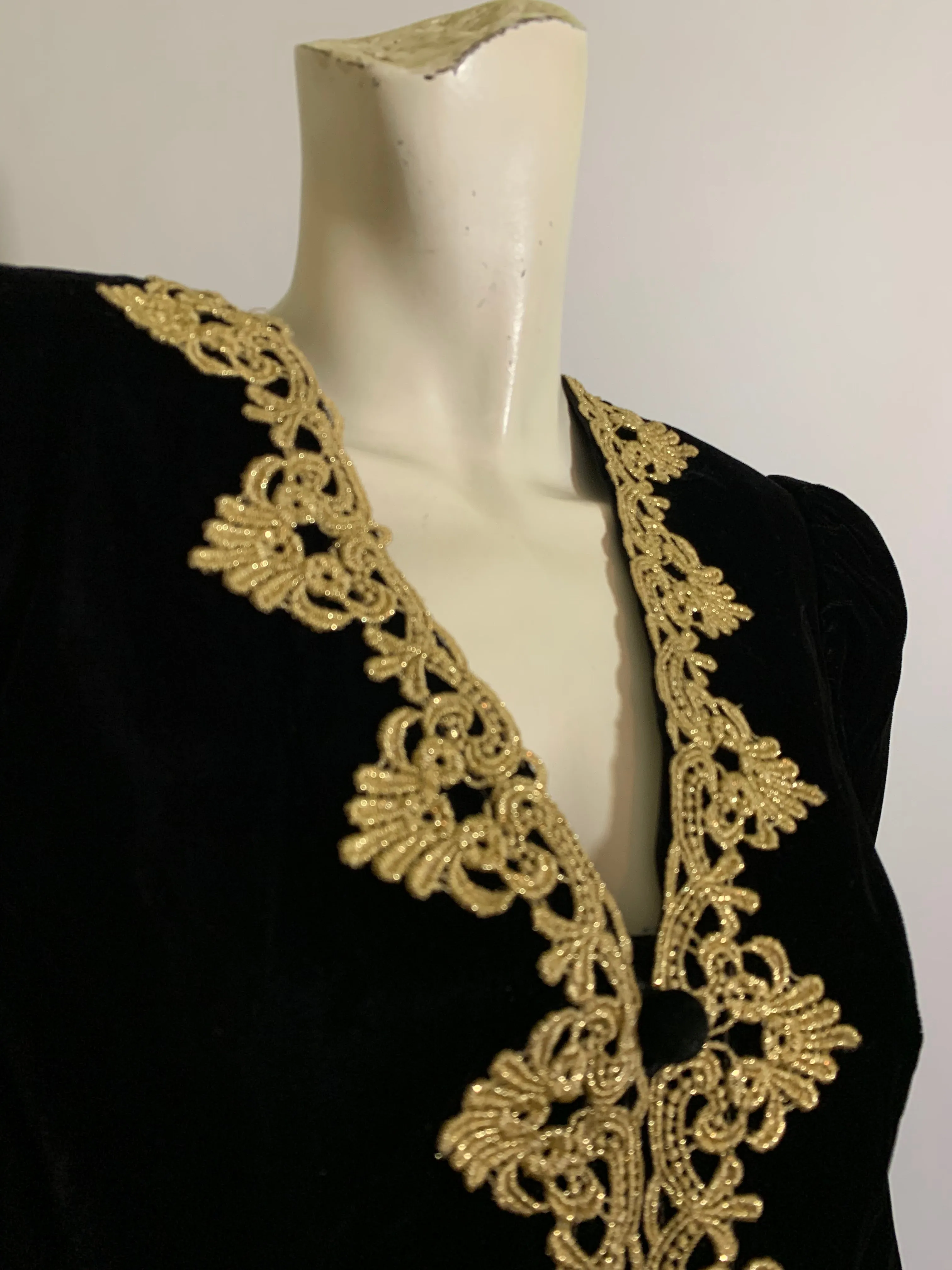 Black Velvet Cocktail Suit with Metallic Gold Braid Trim circa 1980s