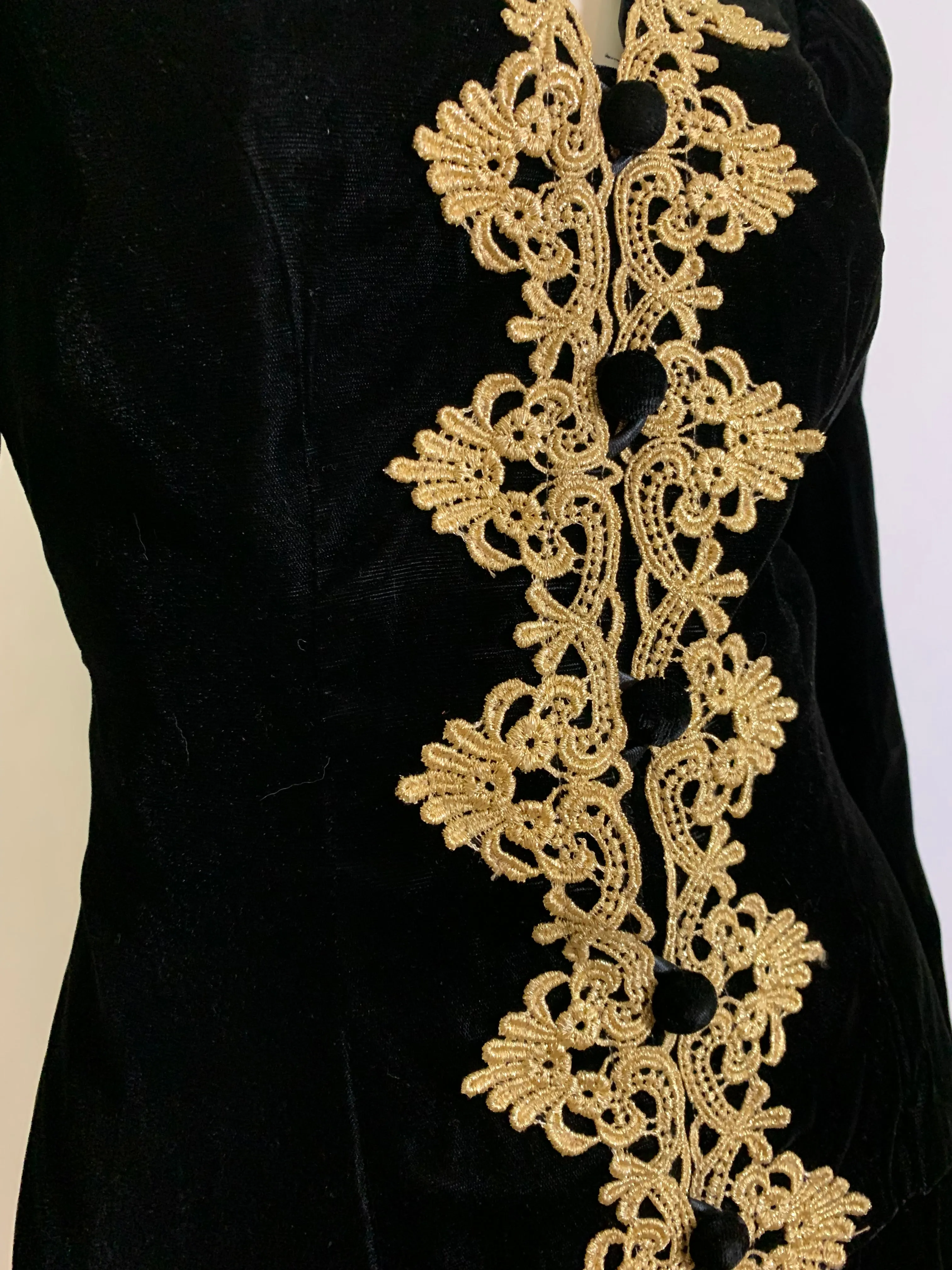 Black Velvet Cocktail Suit with Metallic Gold Braid Trim circa 1980s