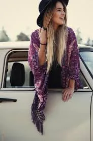 Boho Kimono "Kiss The Sky" Purple Violet Floral With Lattice Fringe Cast A Gypsy Spell On Him One Size Fits Small Medium Or Large