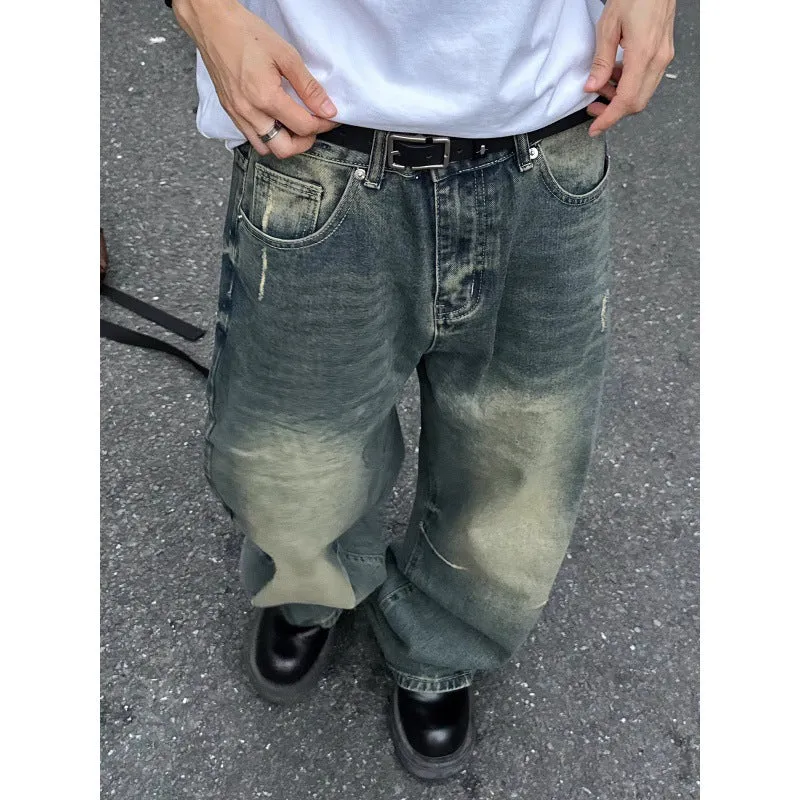 Bonsir 90s streetwear American High Street Vintage Washed Distressed Slimming Jeans Men's Loose Straight Drape Wide Leg Mop Long Pants Fashion