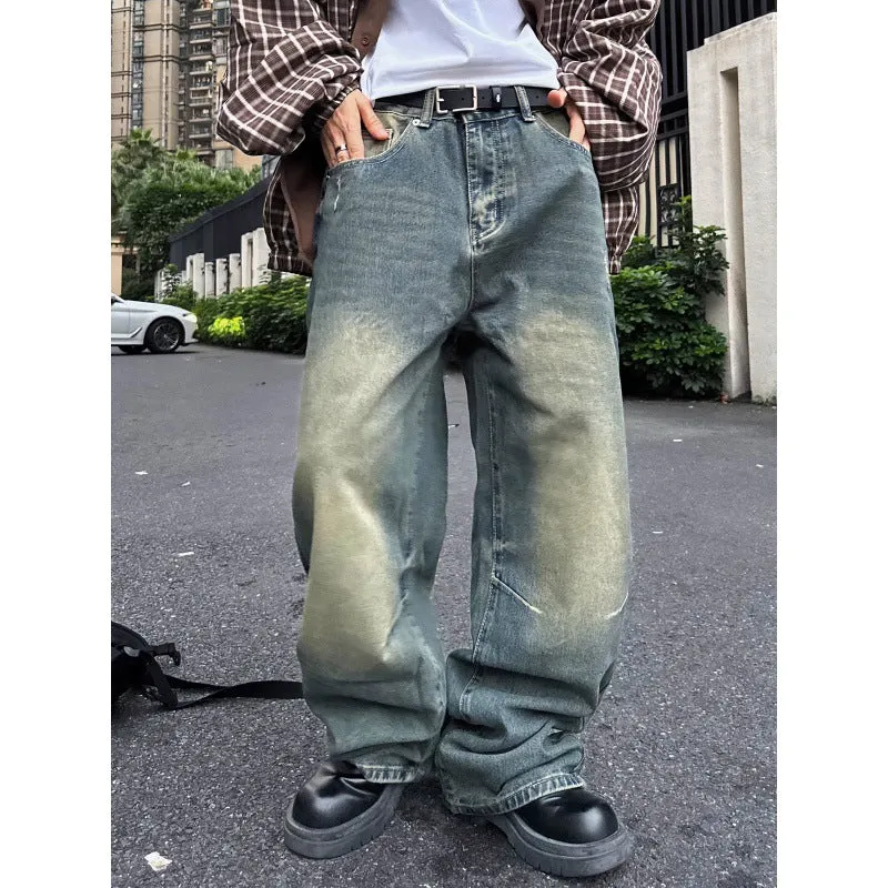 Bonsir 90s streetwear American High Street Vintage Washed Distressed Slimming Jeans Men's Loose Straight Drape Wide Leg Mop Long Pants Fashion