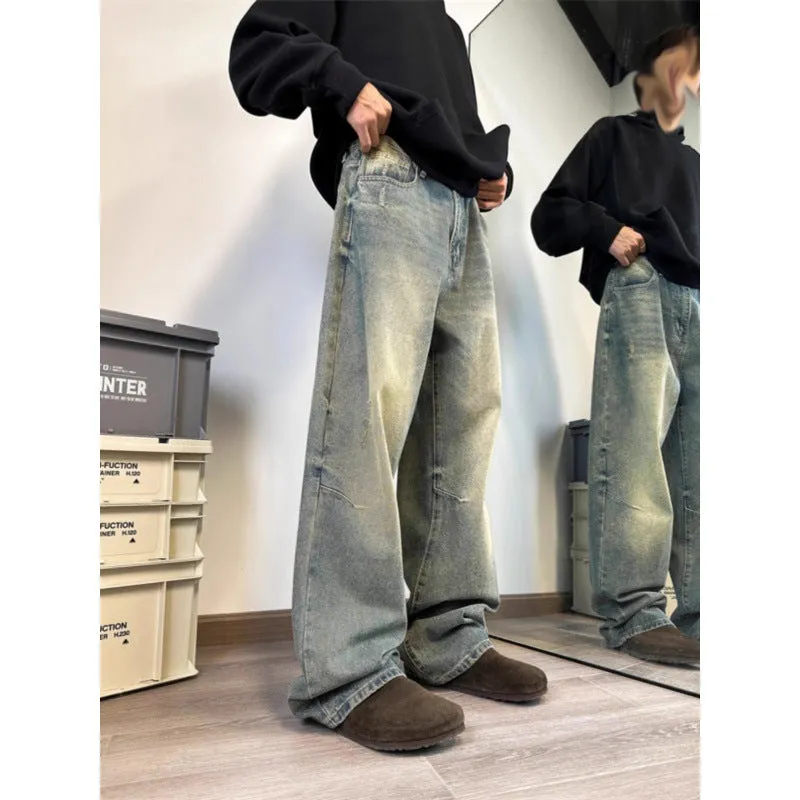 Bonsir 90s streetwear American High Street Vintage Washed Distressed Slimming Jeans Men's Loose Straight Drape Wide Leg Mop Long Pants Fashion