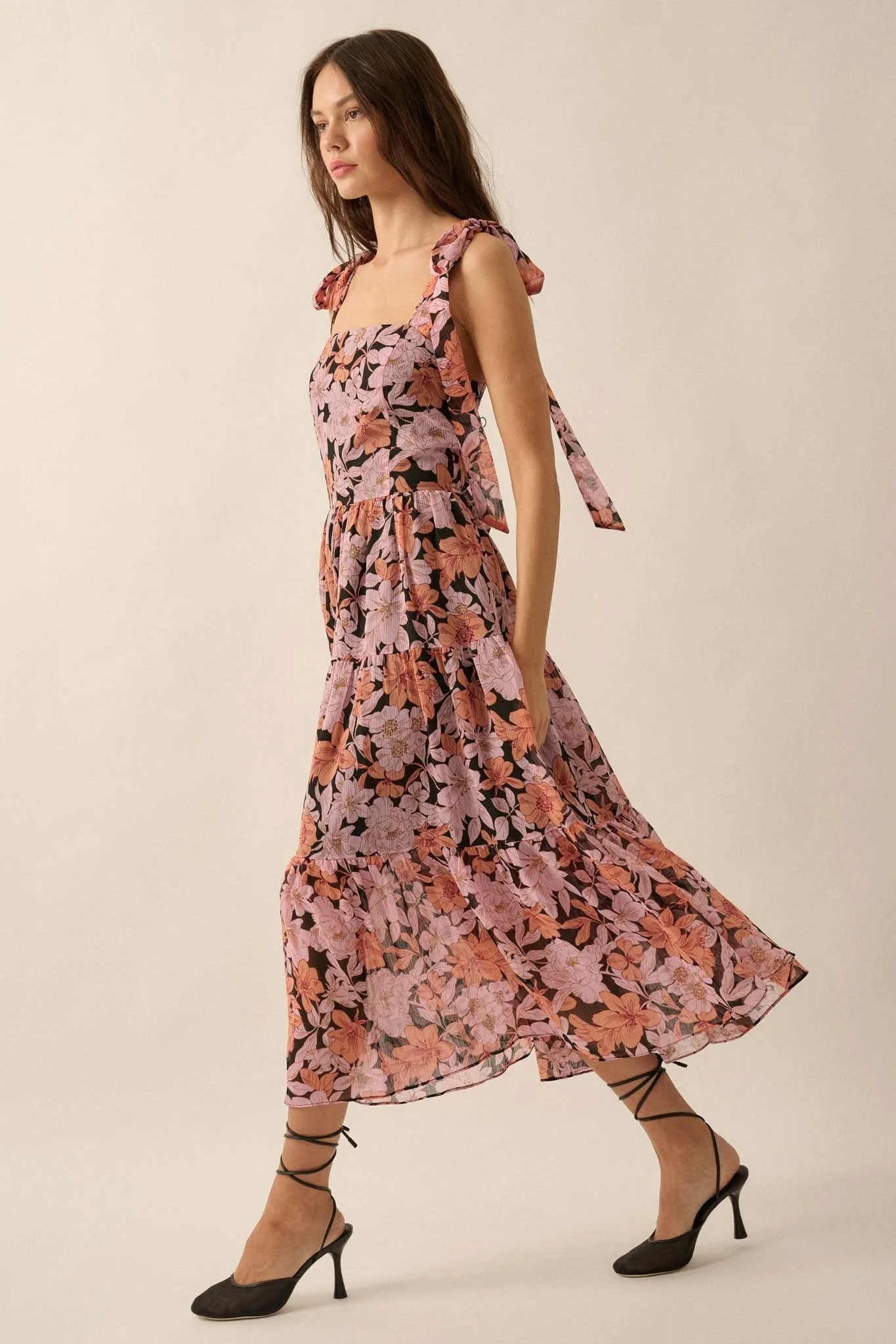 Borneo Bliss Floral Chiffon Tiered Ruffle Midi Dress