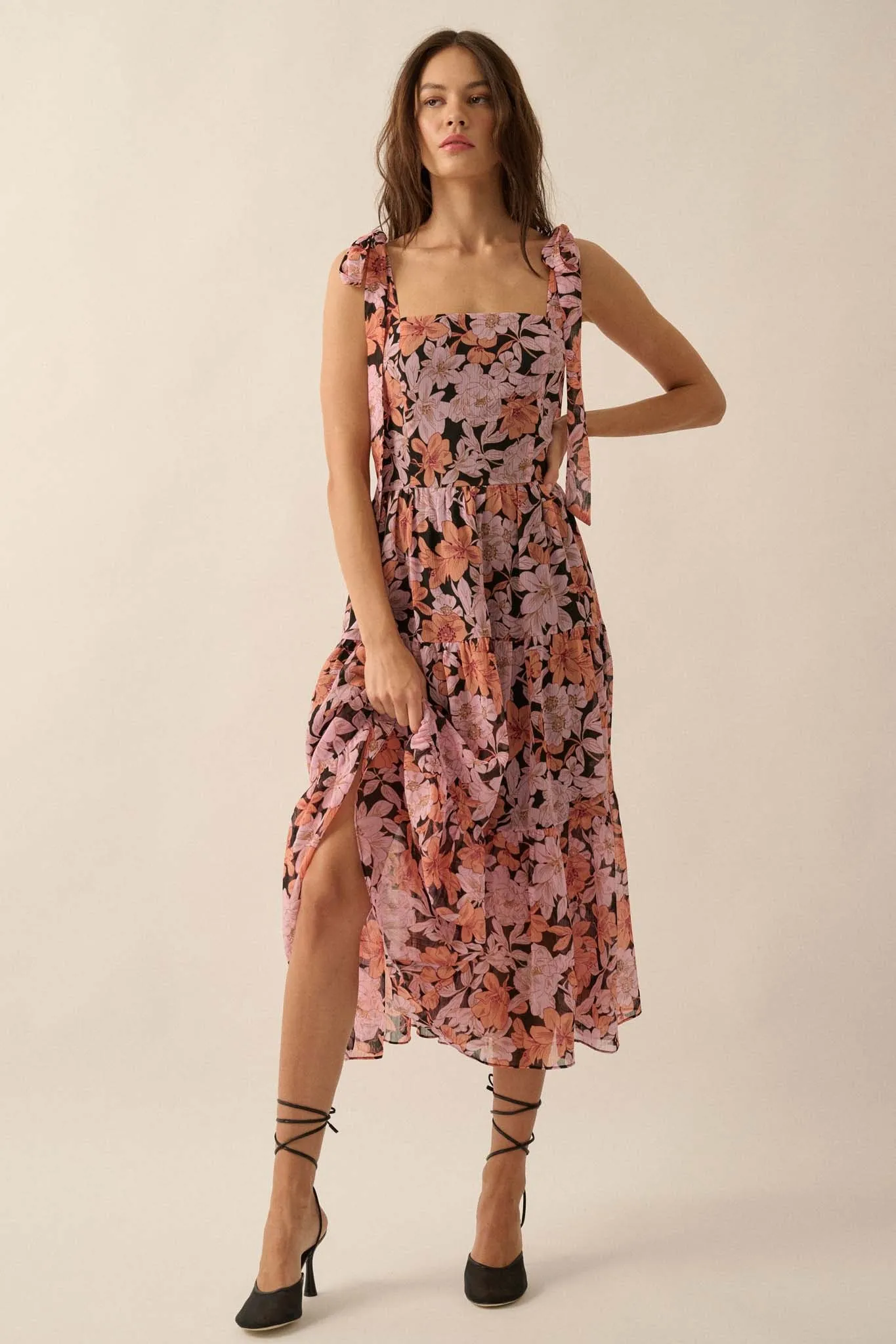 Borneo Bliss Floral Chiffon Tiered Ruffle Midi Dress