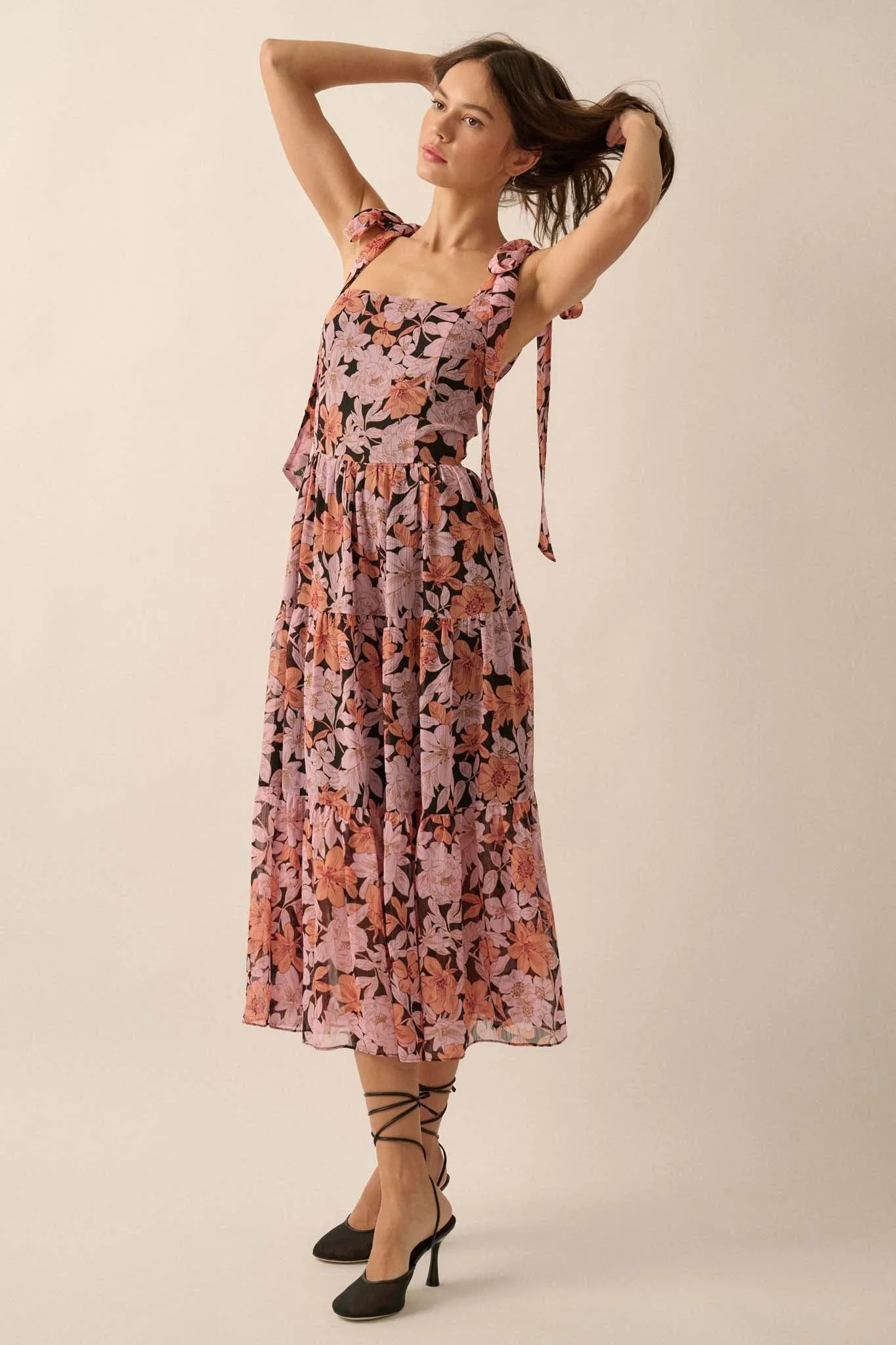 Borneo Bliss Floral Chiffon Tiered Ruffle Midi Dress