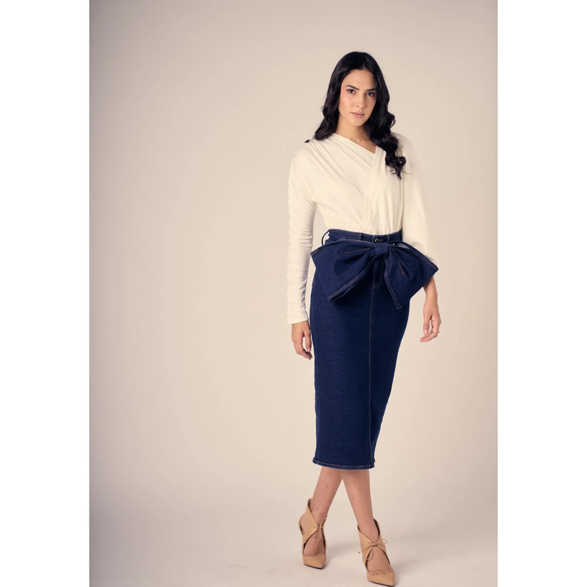 Bow Midi Jean Skirt by Gato