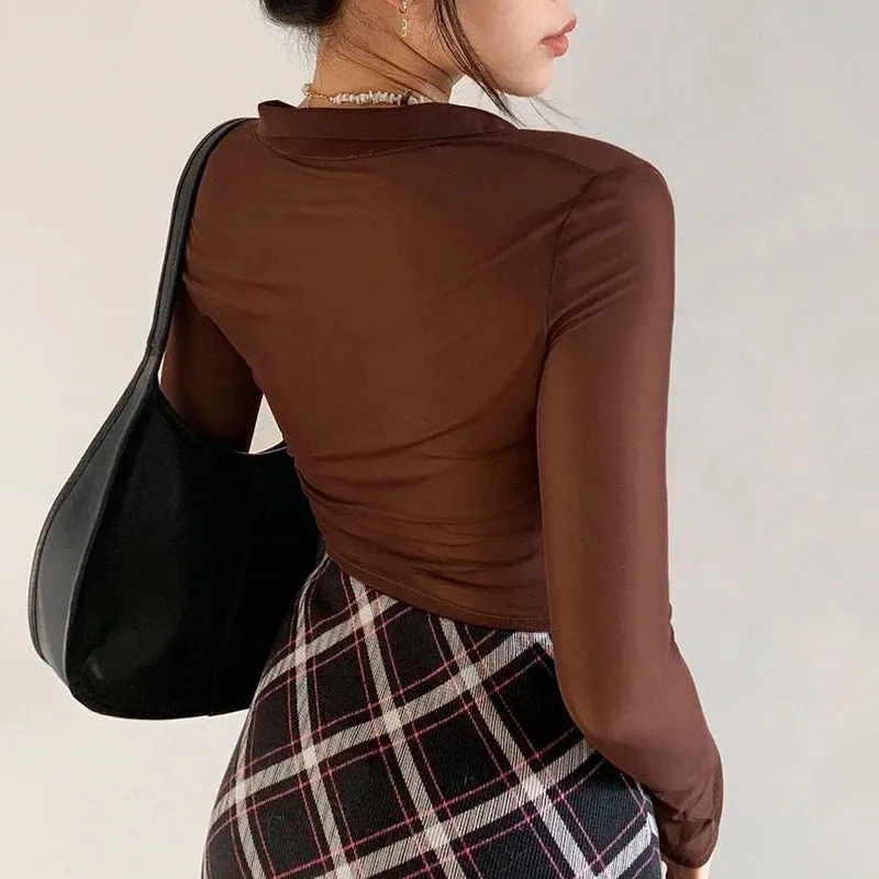 Brown Vintage Y2K Mesh Tops Women Button Up Long Sleeve Cropped Tee Shirt See Through Sexy Rave E Girl T-Shirts Autumn блузка