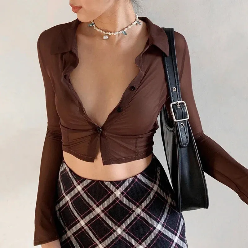 Brown Vintage Y2K Mesh Tops Women Button Up Long Sleeve Cropped Tee Shirt See Through Sexy Rave E Girl T-Shirts Autumn блузка