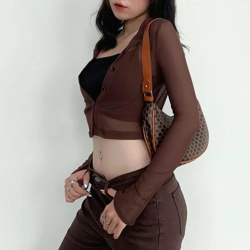 Brown Vintage Y2K Mesh Tops Women Button Up Long Sleeve Cropped Tee Shirt See Through Sexy Rave E Girl T-Shirts Autumn блузка