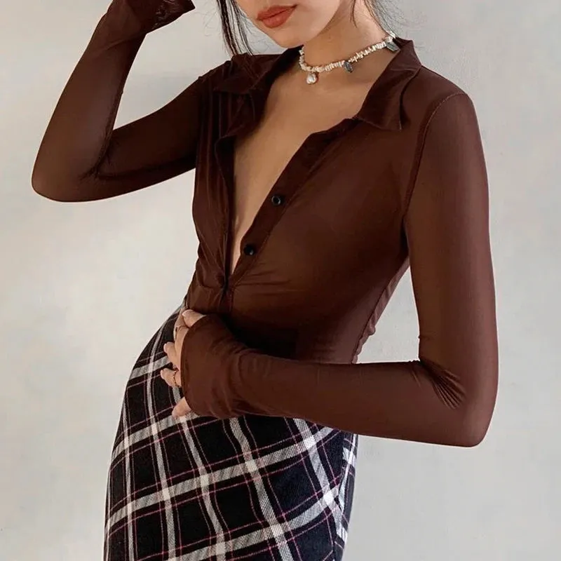 Brown Vintage Y2K Mesh Tops Women Button Up Long Sleeve Cropped Tee Shirt See Through Sexy Rave E Girl T-Shirts Autumn блузка